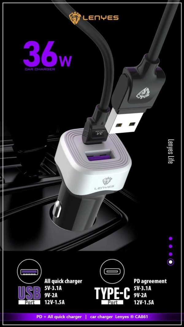 LENYES CA861 Car Charger 36W (USB type C + USB Type A)